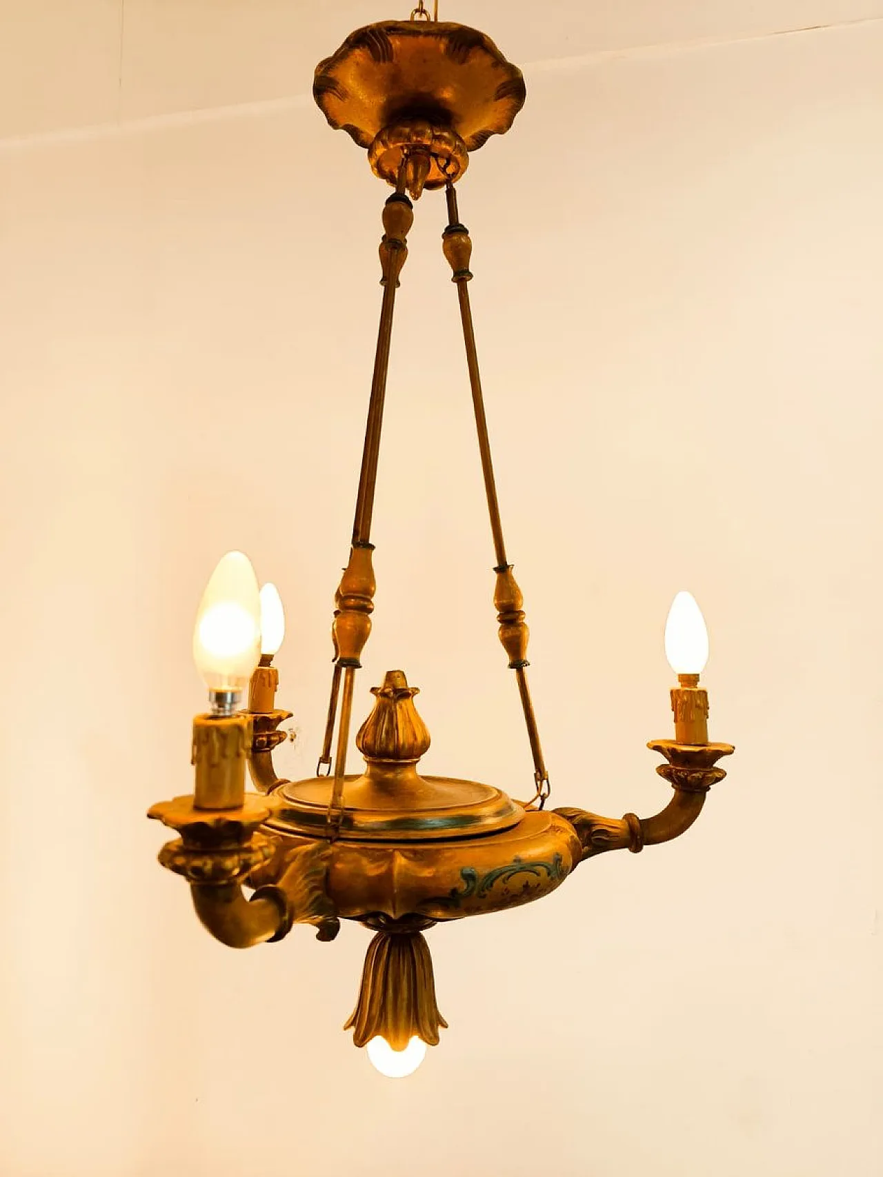 Four-light pendant lamp in decorated wood, 1940s 25