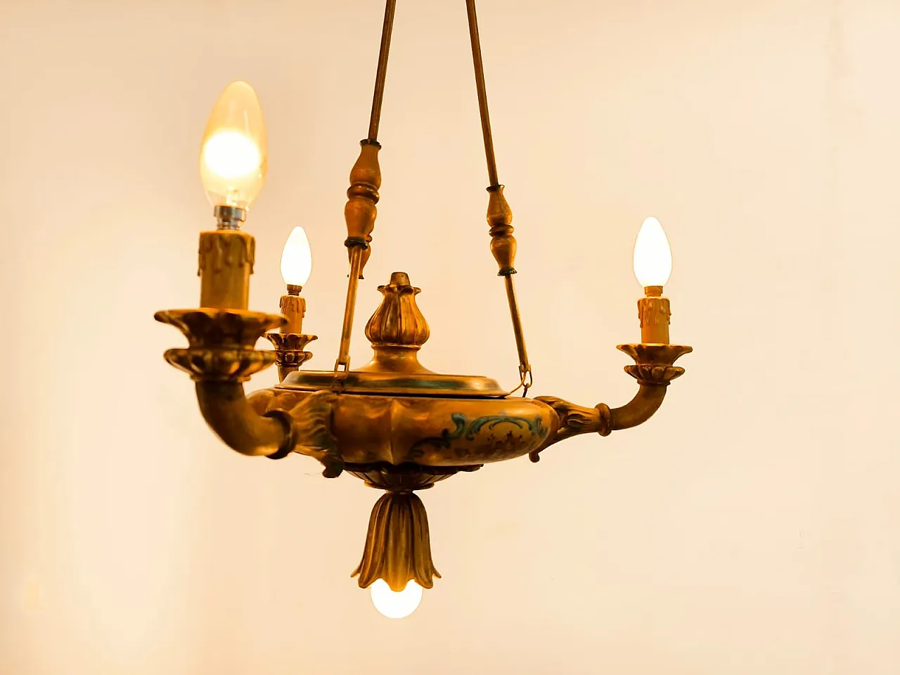 Four-light pendant lamp in decorated wood, 1940s 26