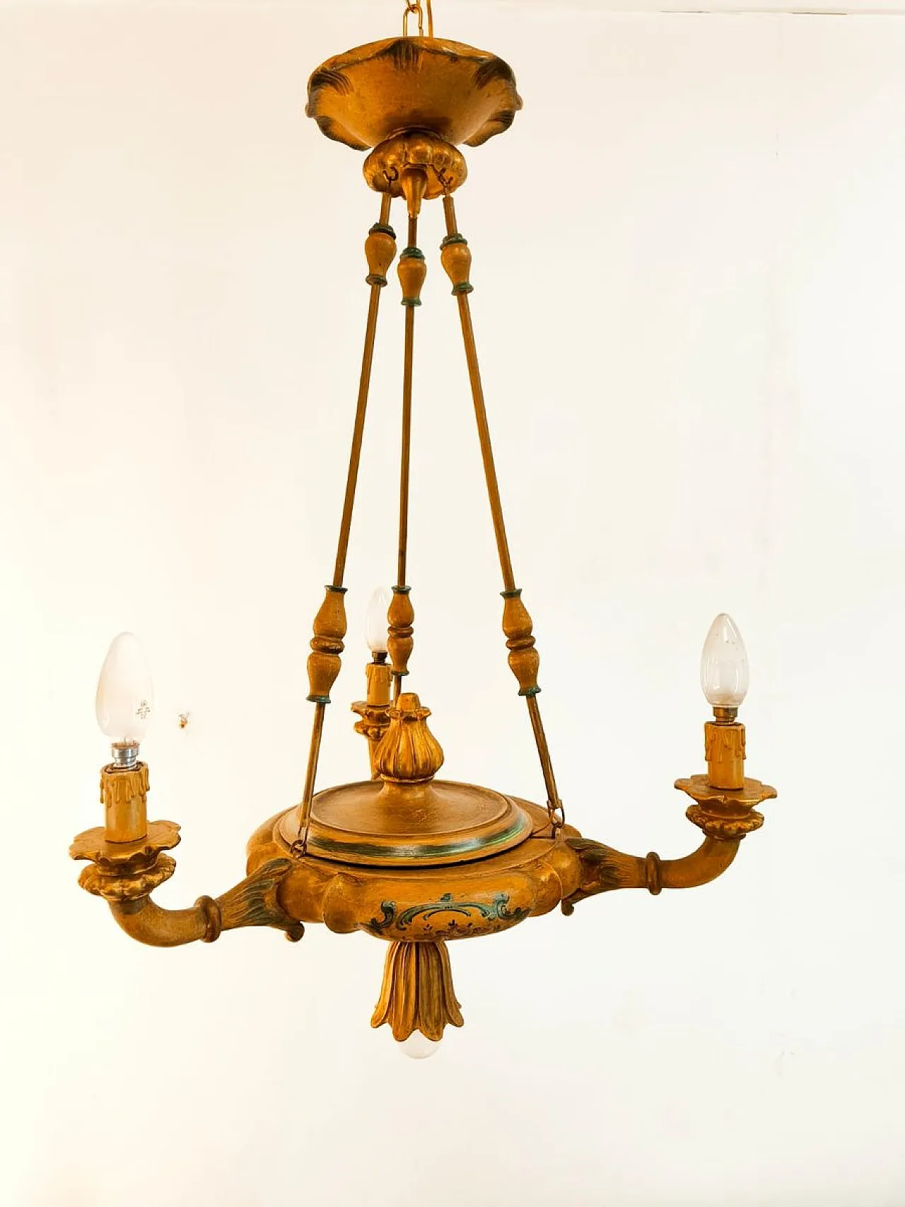 Four-light pendant lamp in decorated wood, 1940s 27