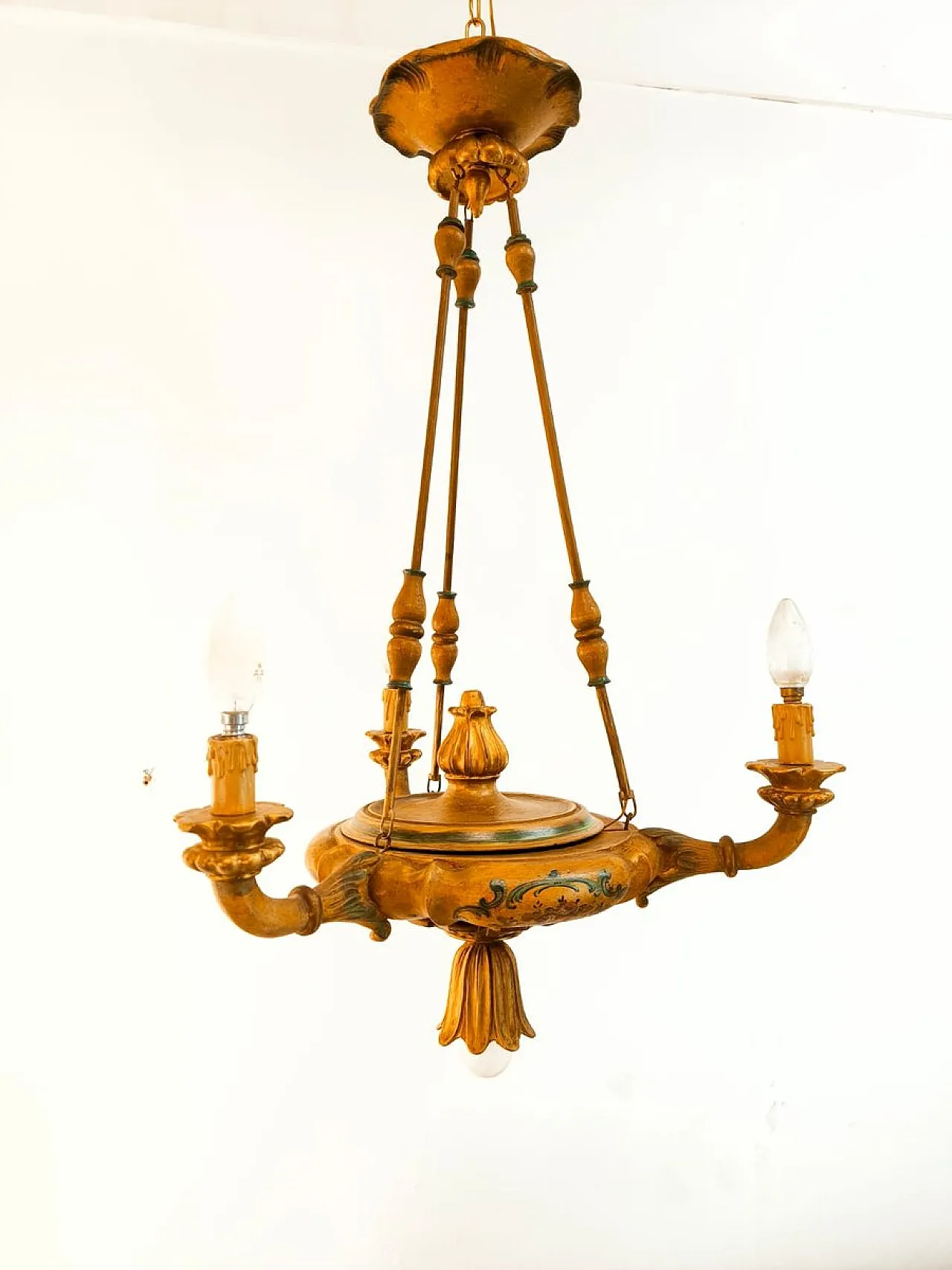 Four-light pendant lamp in decorated wood, 1940s 28