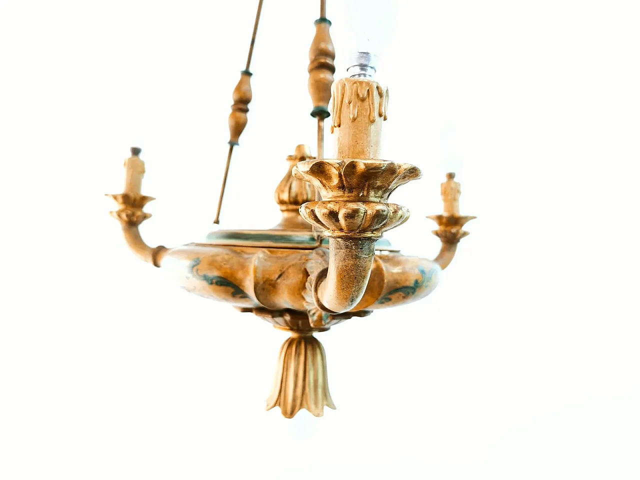 Four-light pendant lamp in decorated wood, 1940s 30