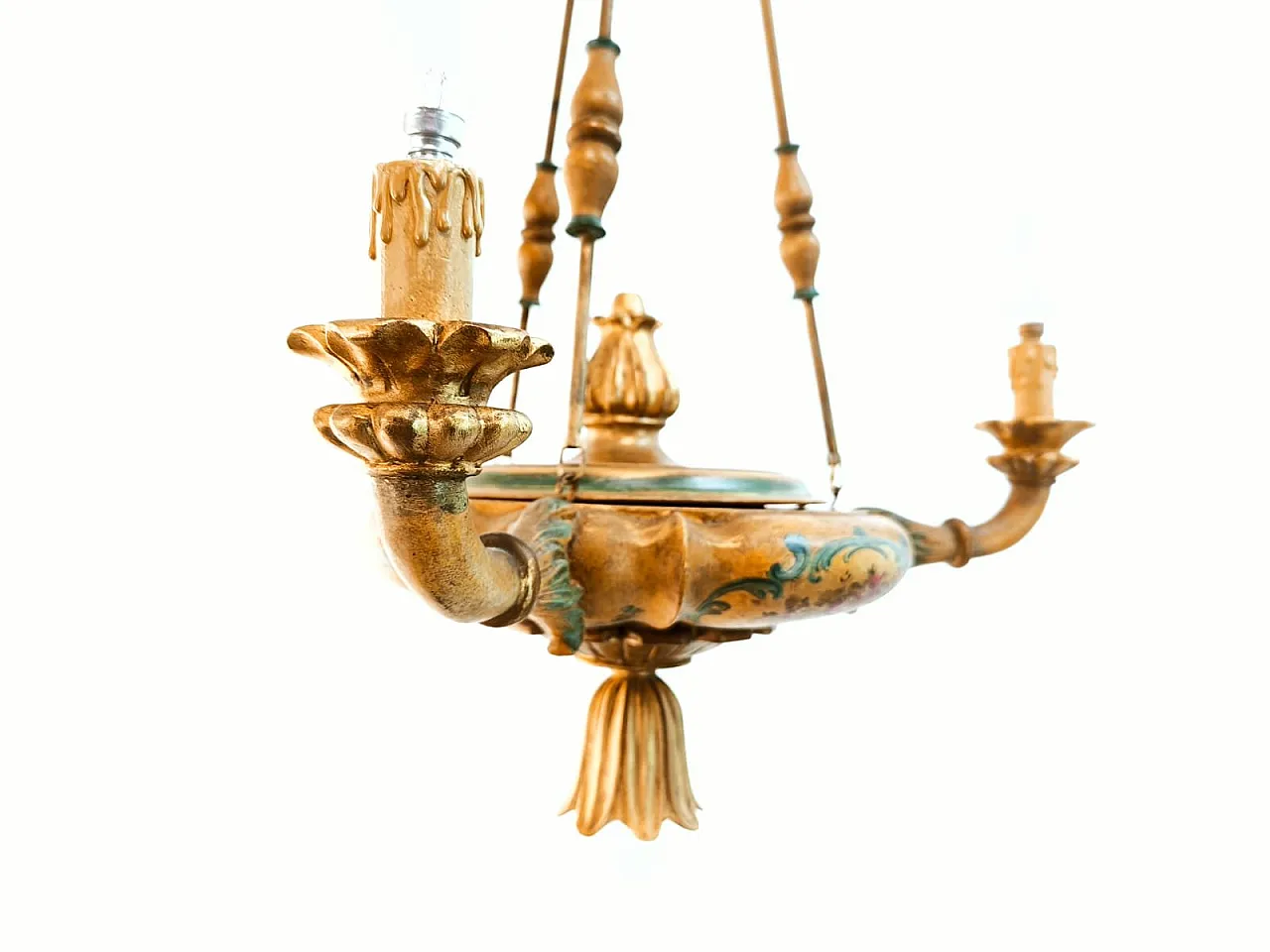 Four-light pendant lamp in decorated wood, 1940s 31