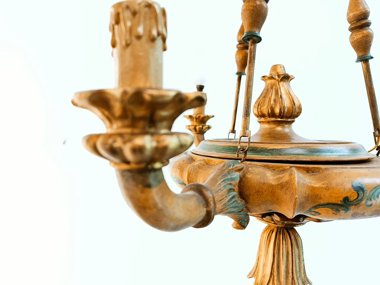 Four-light pendant lamp in decorated wood, 1940s 33