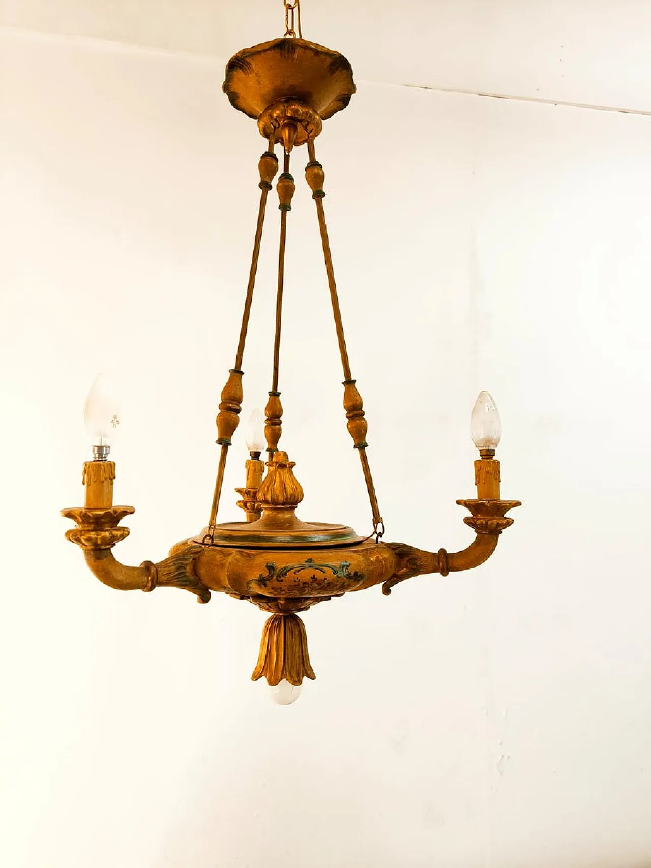 Four-light pendant lamp in decorated wood, 1940s 35