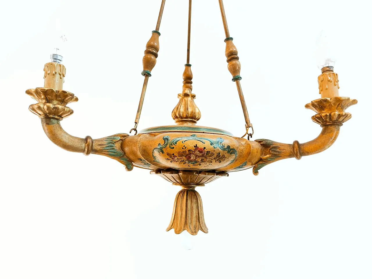 Four-light pendant lamp in decorated wood, 1940s 36