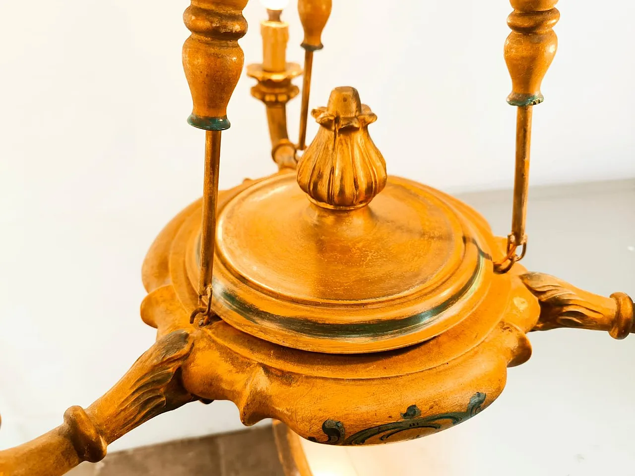 Four-light pendant lamp in decorated wood, 1940s 38