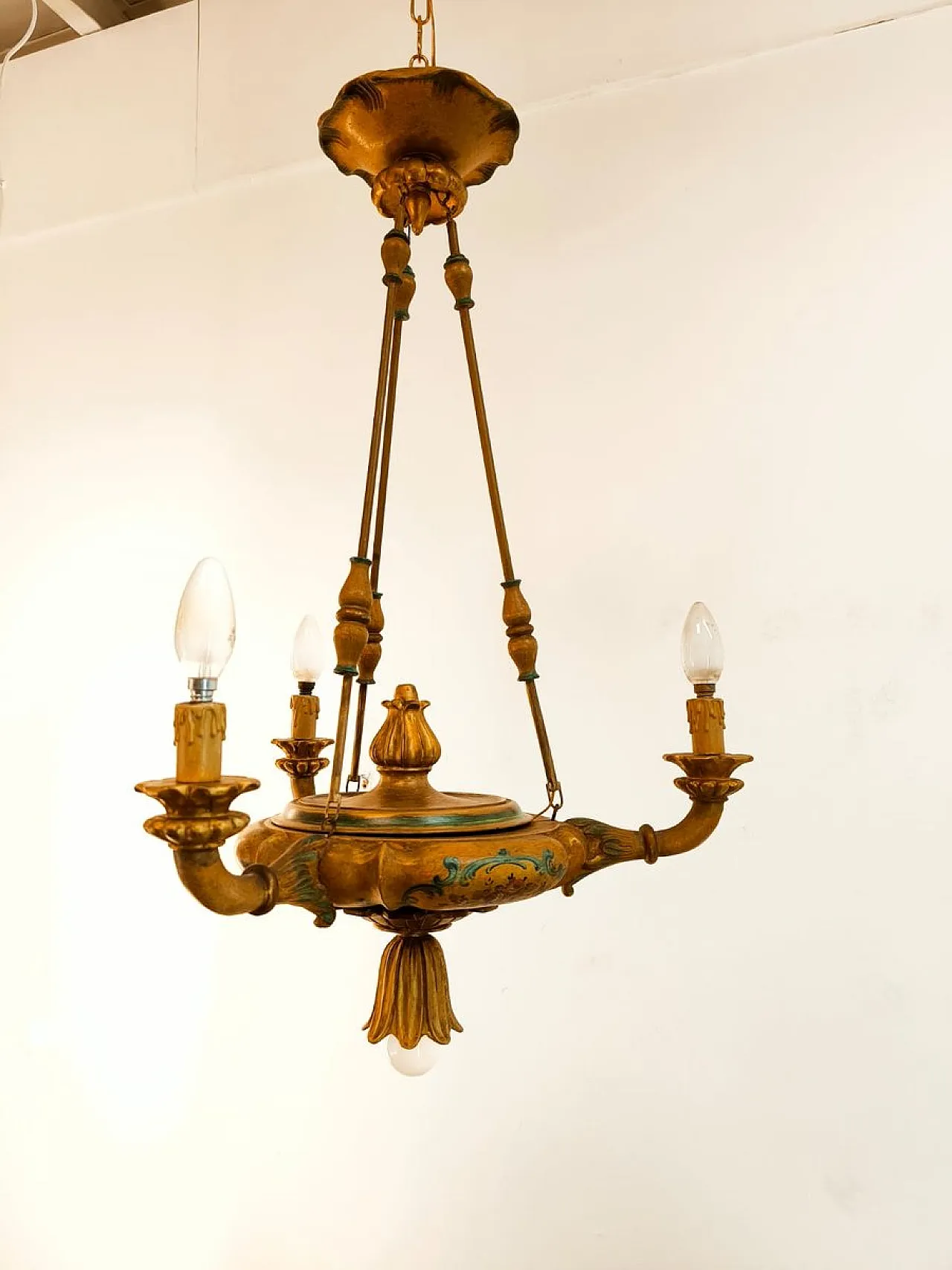 Four-light pendant lamp in decorated wood, 1940s 42