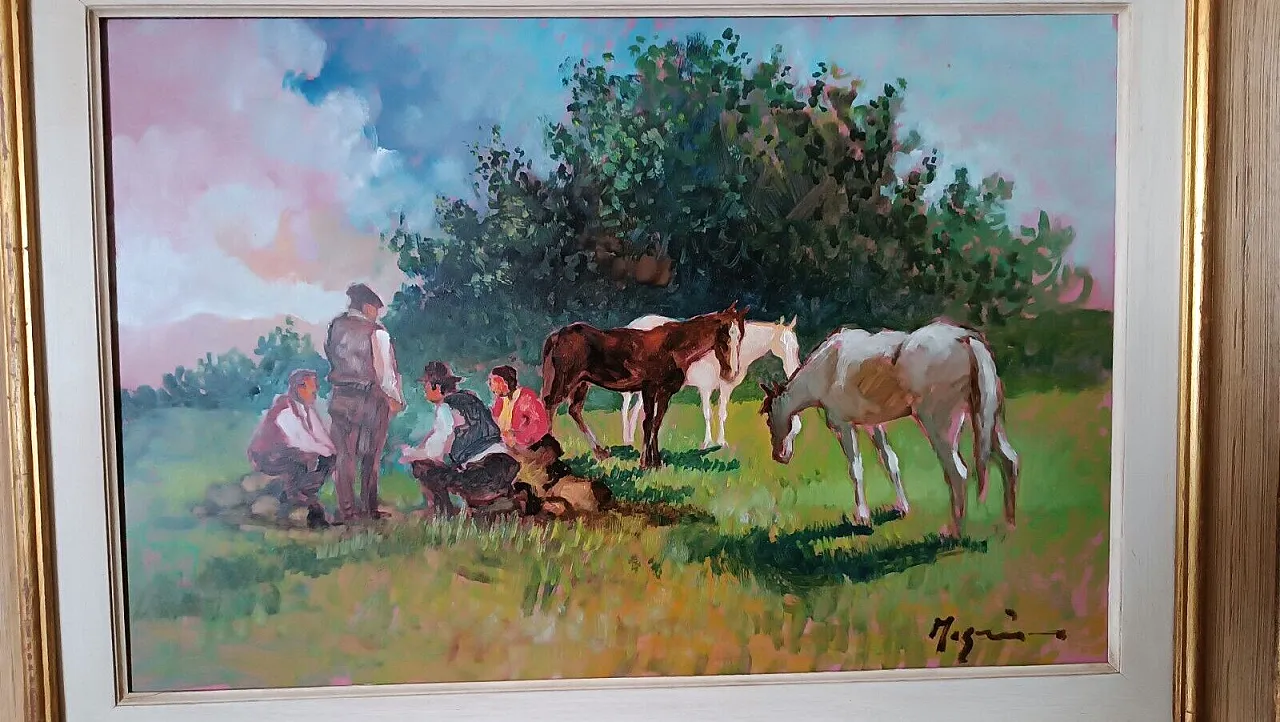 Paesaggio con figure e cavalli di Fausto Magni, olio su faesite, '900 2