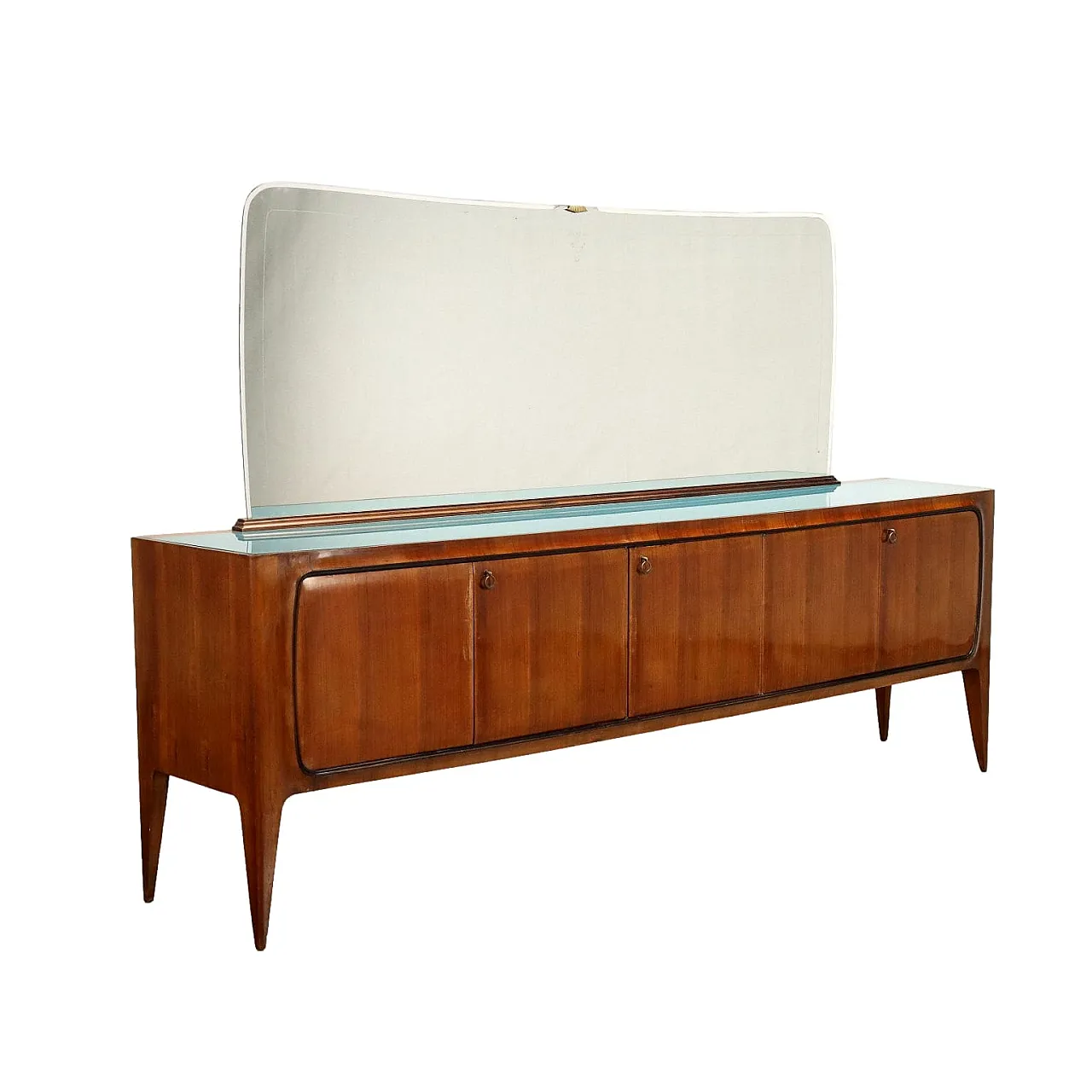 Credenza buffet con specchio in legno impiallacciato noce, anni '50 1