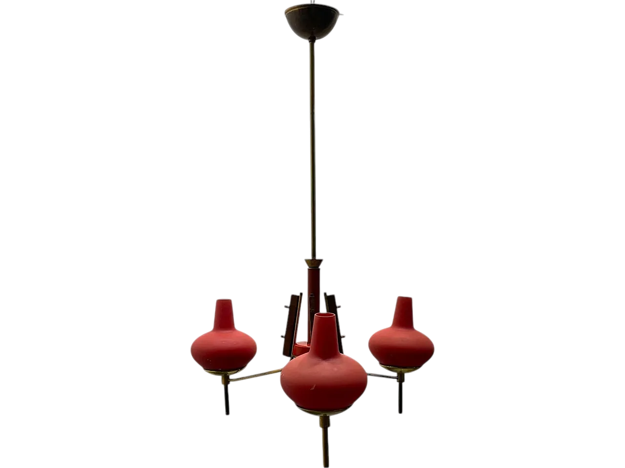 Red Brass Opaline Glass Chandelier, 1950s 11