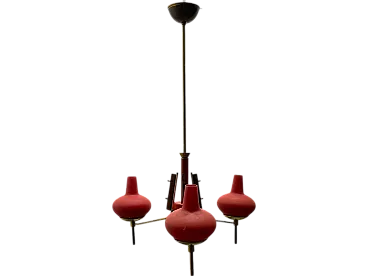 Red Brass Opaline Glass Chandelier, 1950s