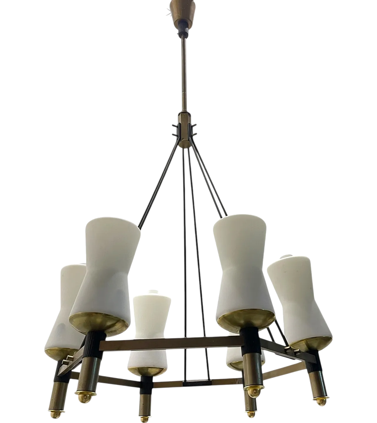 Bronze and Opaline Glass Chandelier, 1950s 9