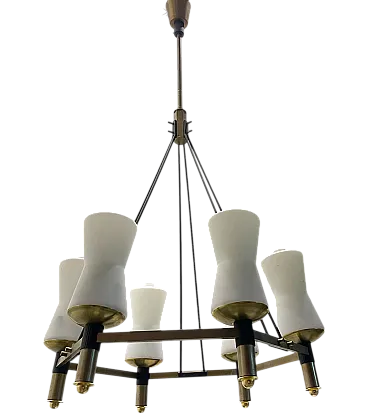 Bronze and Opaline Glass Chandelier, 1950s