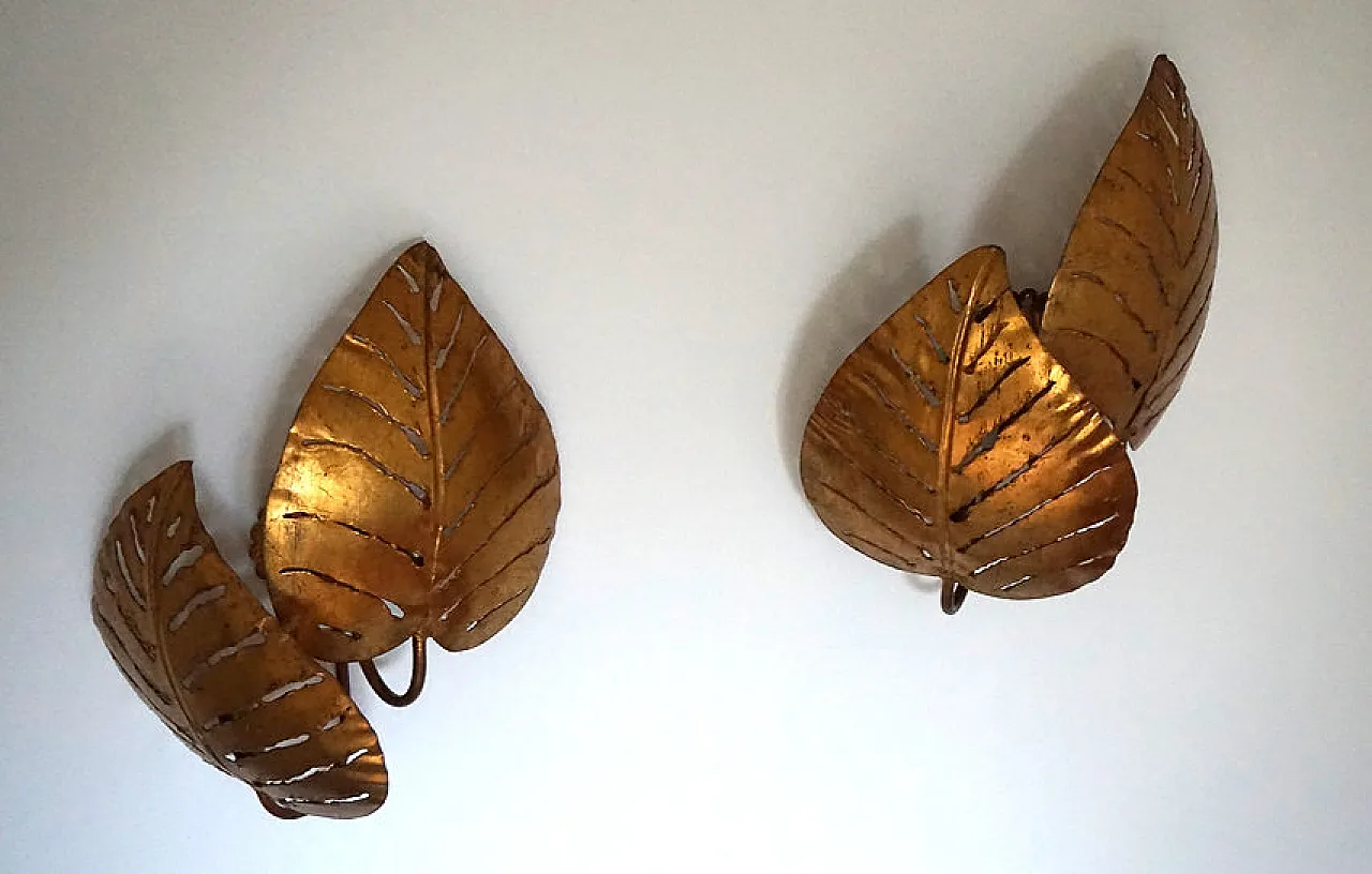 Pair of Monstera double leaf wall lights by Maison Jansen, 1970s 3