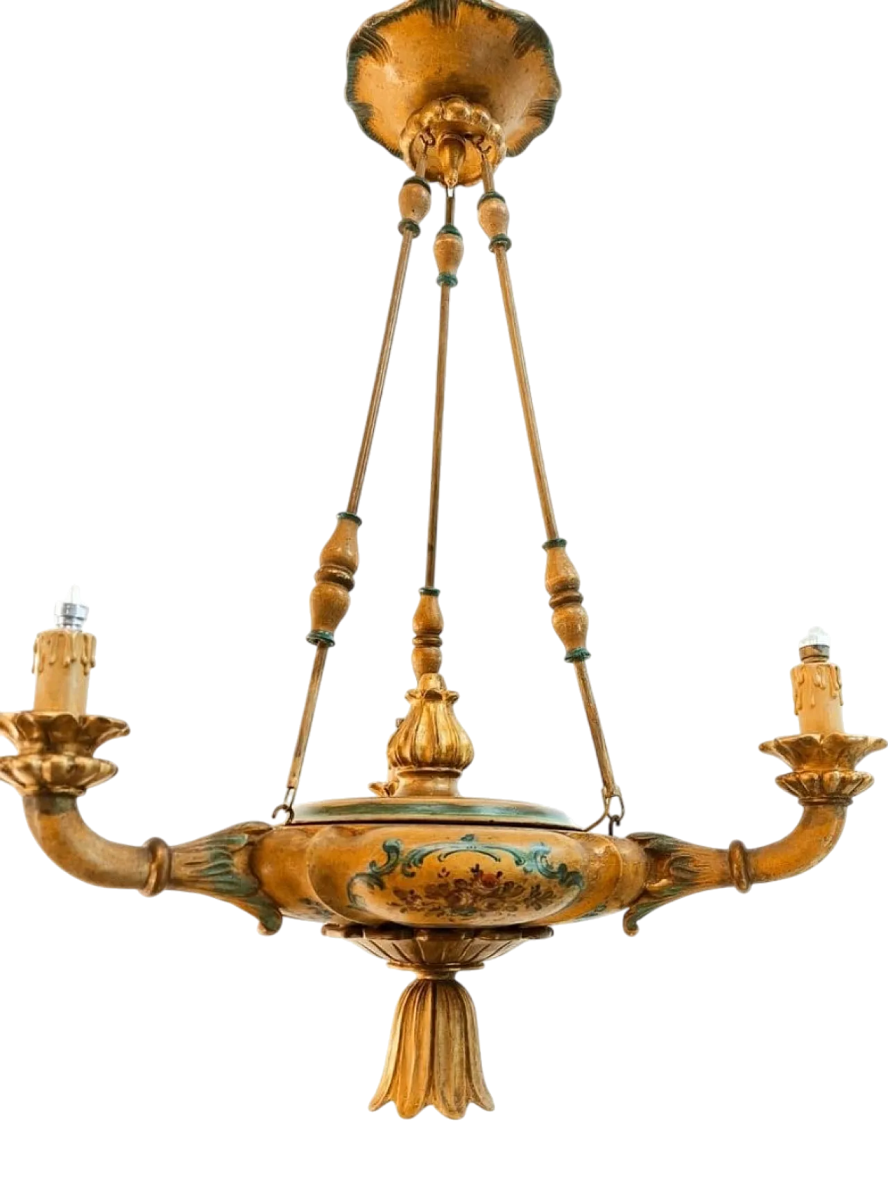 Four-light pendant lamp in decorated wood, 1940s 44