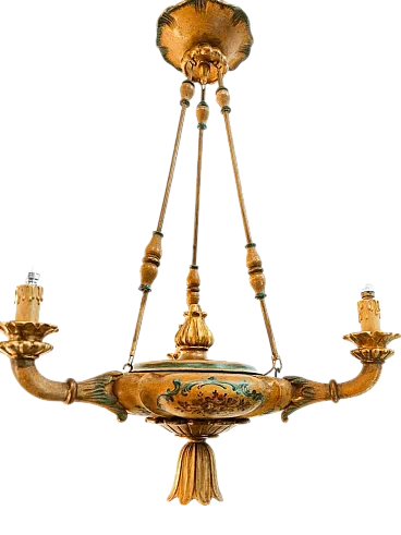 Four-light pendant lamp in decorated wood, 1940s