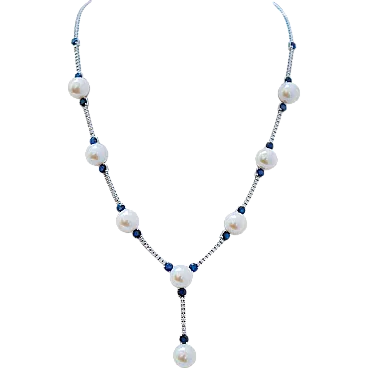 Collana tennis in oro bianco con perle, zaffiri, diamanti, anni '70