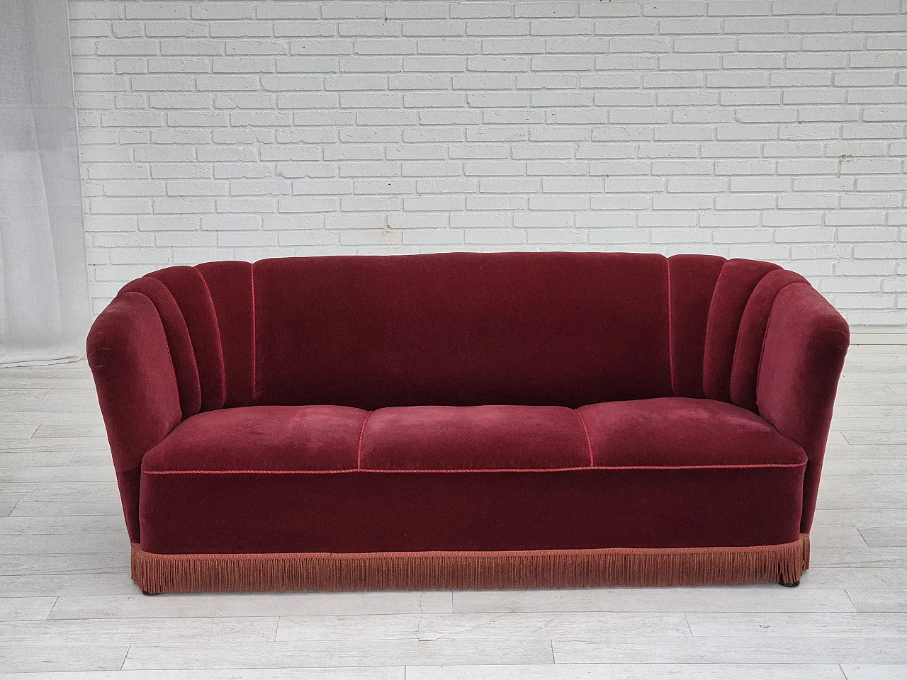 Danish 3 seater sofa cherry-red furniture, 60s 1