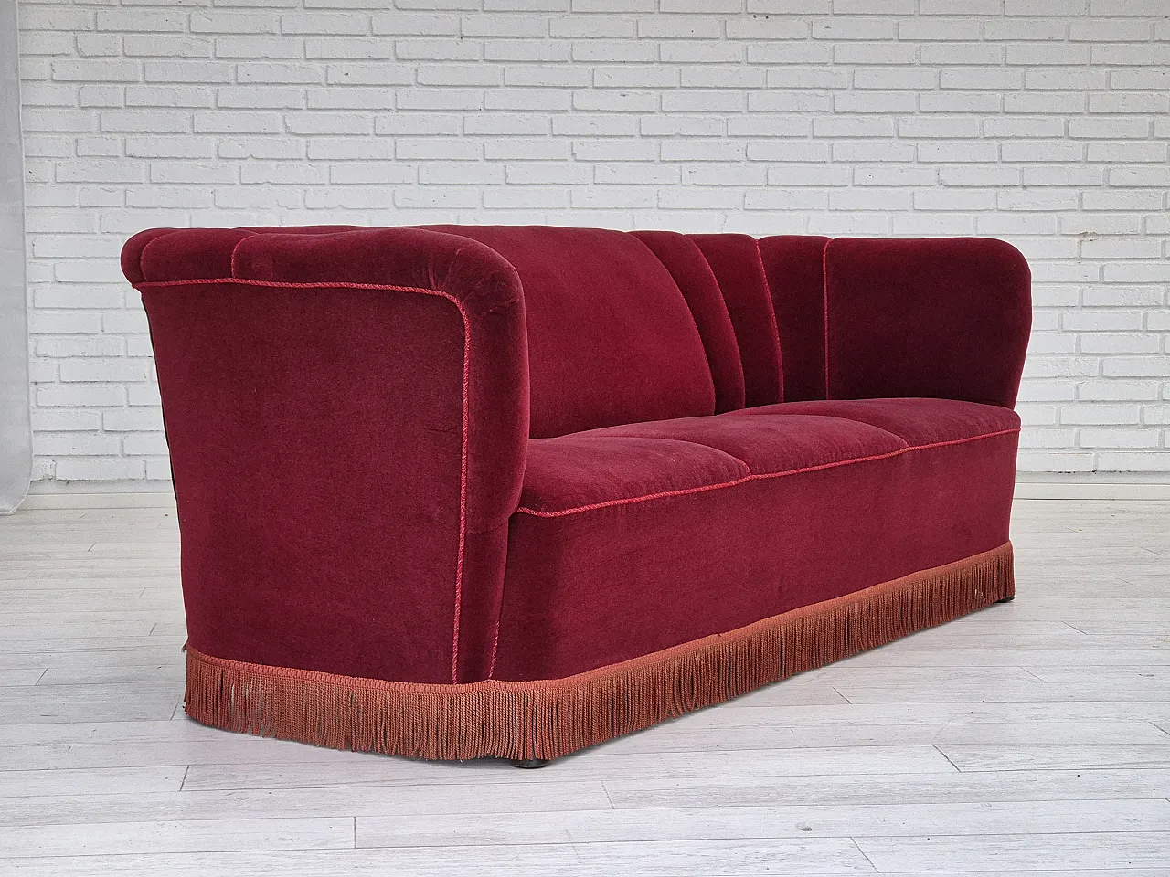 Danish 3 seater sofa cherry-red furniture, 60s 2