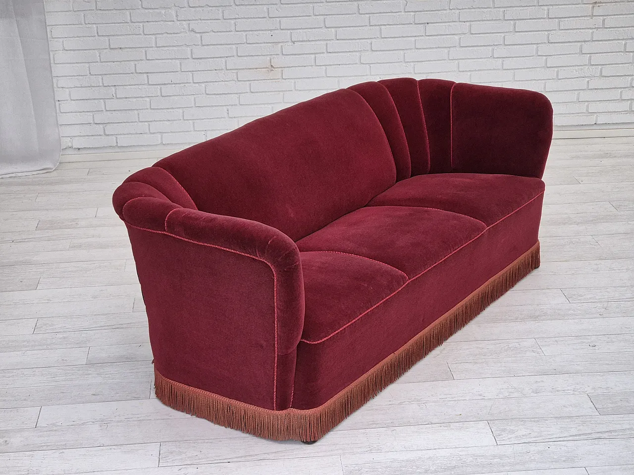 Danish 3 seater sofa cherry-red furniture, 60s 3