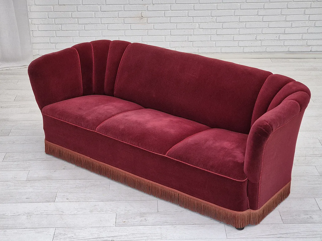 Danish 3 seater sofa cherry-red furniture, 60s 14