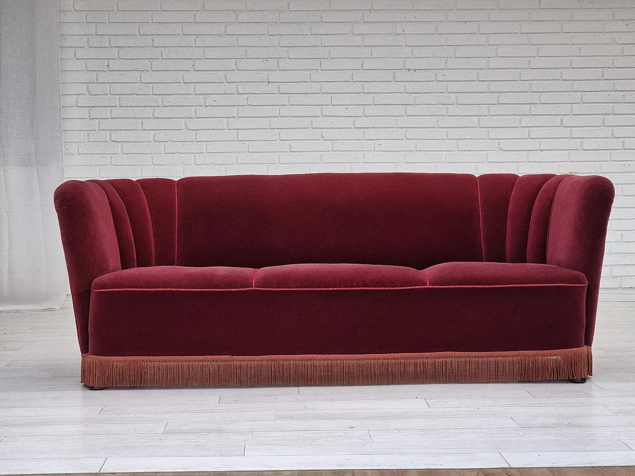 Danish 3 seater sofa cherry-red furniture, 60s 16