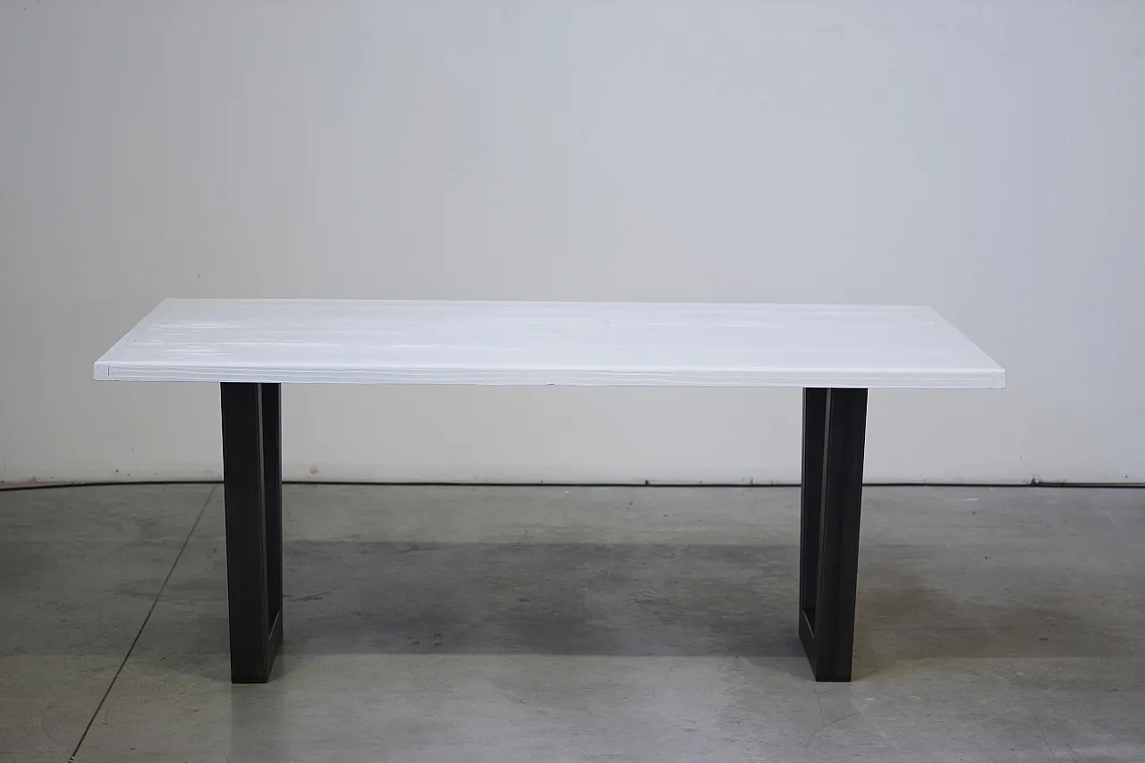 Handcrafted white lacquered brushed fir table with iron legs, 2020 2