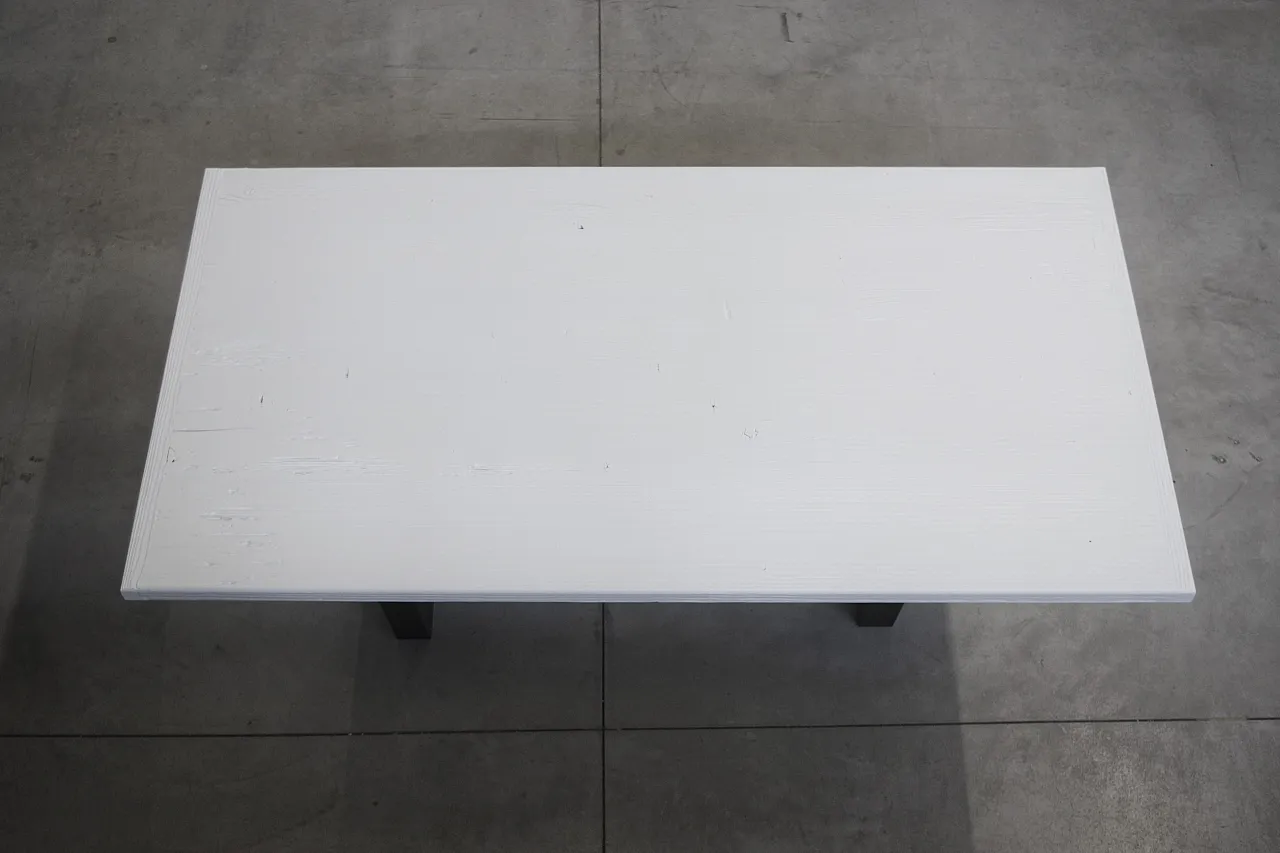 Handcrafted white lacquered brushed fir table with iron legs, 2020 8