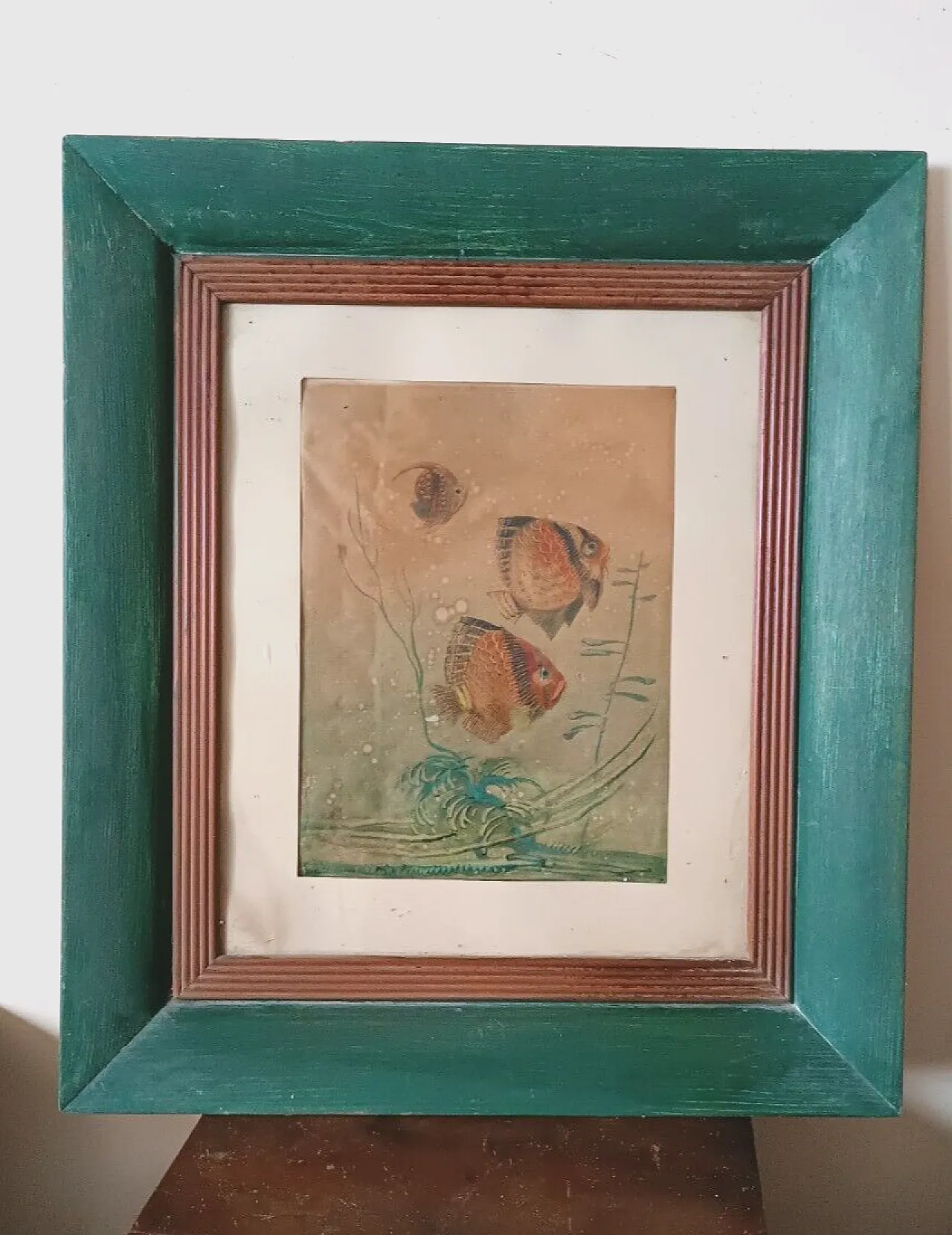 Fish by Silvio Polloni, mixed technical painting, 1920s 1