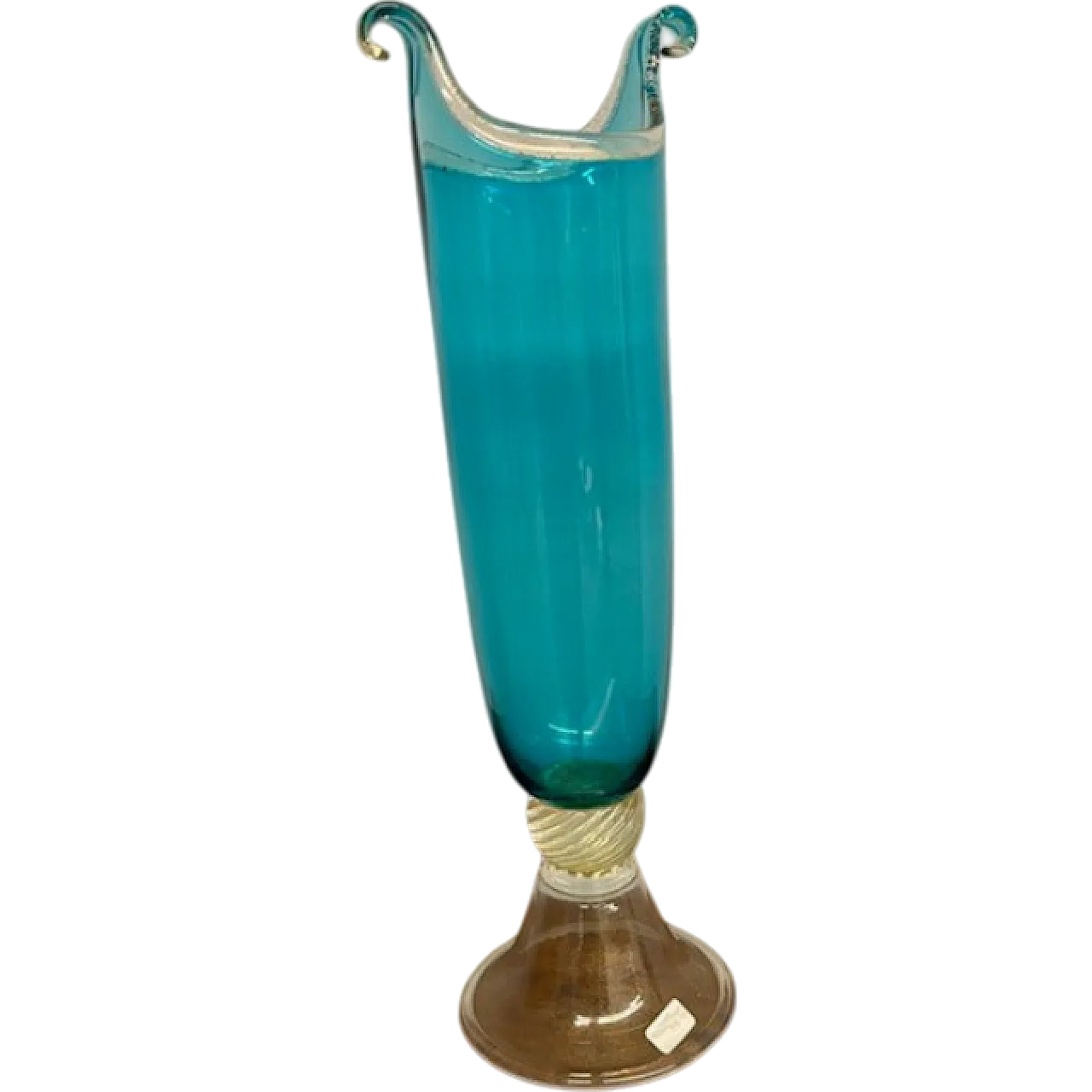 Turquoise and gold Murano glass vase. engraved signed Murrina, '900 9