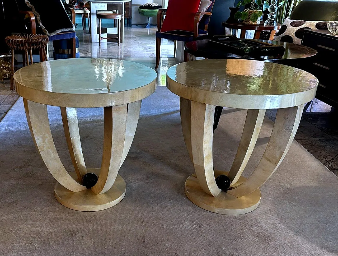 Pair of Art Deco tables covered in parchment, 1980s 6