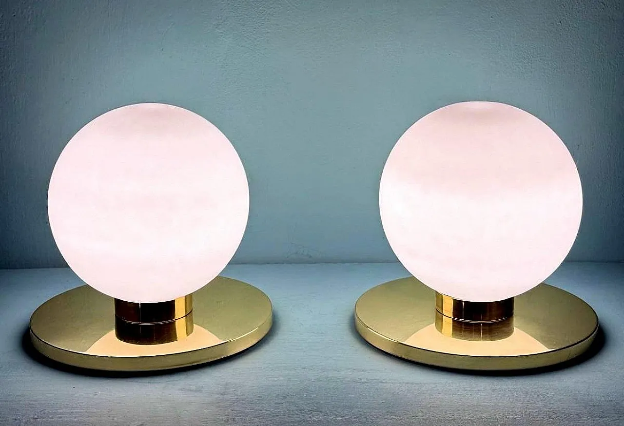 Pair of brass and opaline glass table lamps, 1980s 2