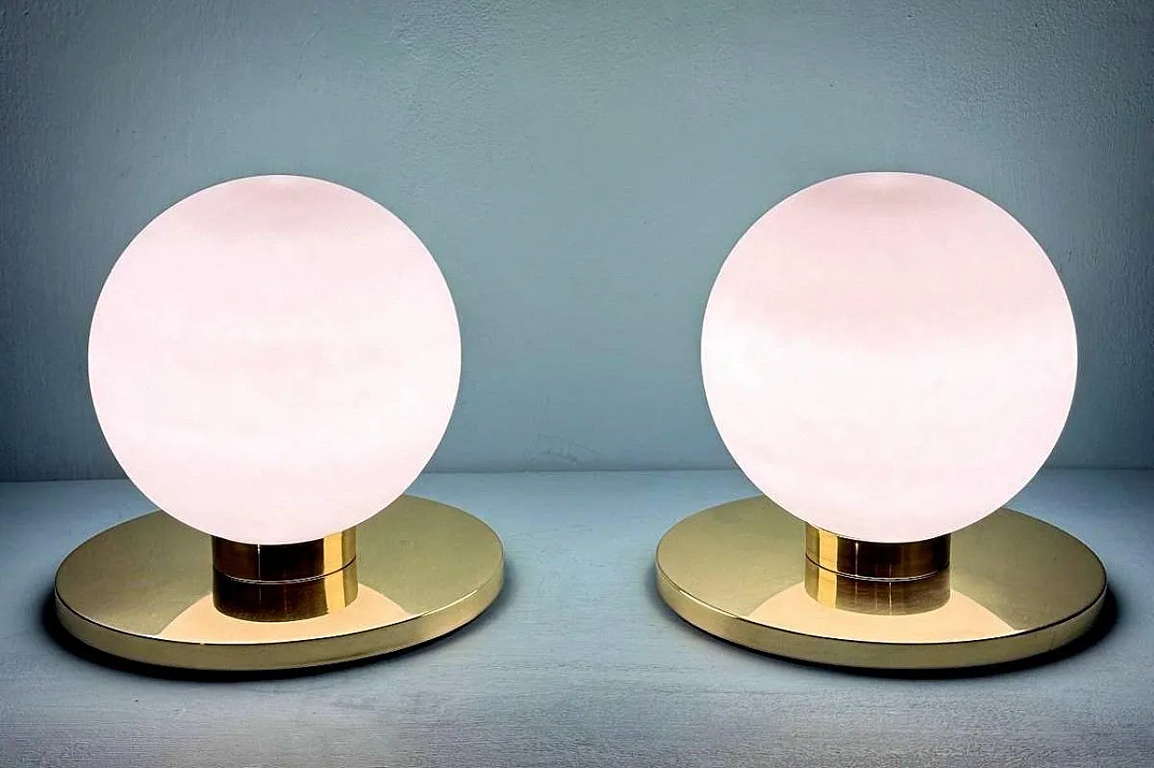 Pair of brass and opaline glass table lamps, 1980s 3