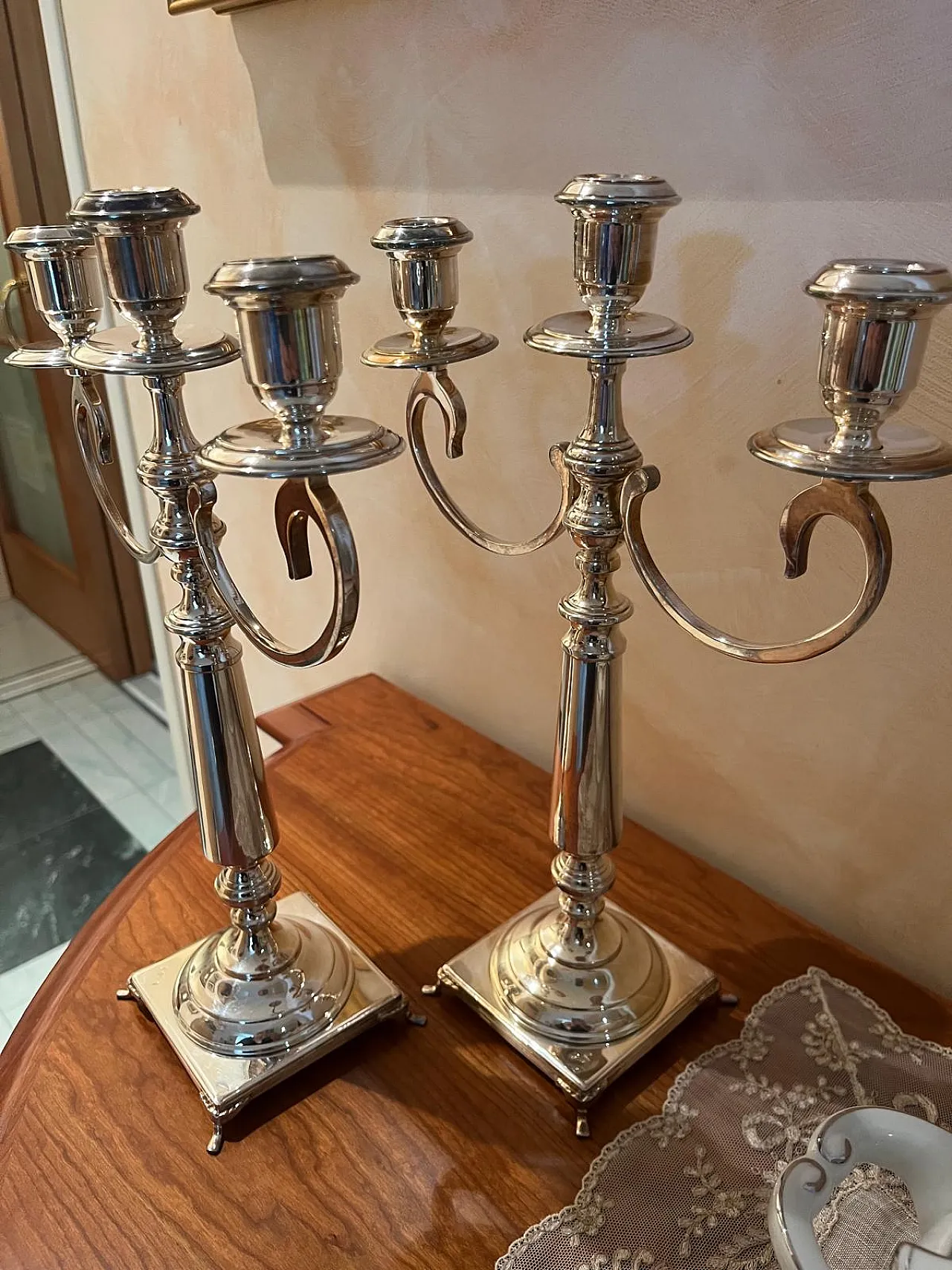 Coppia di candelabri a 3 bracci in argento, '800 1