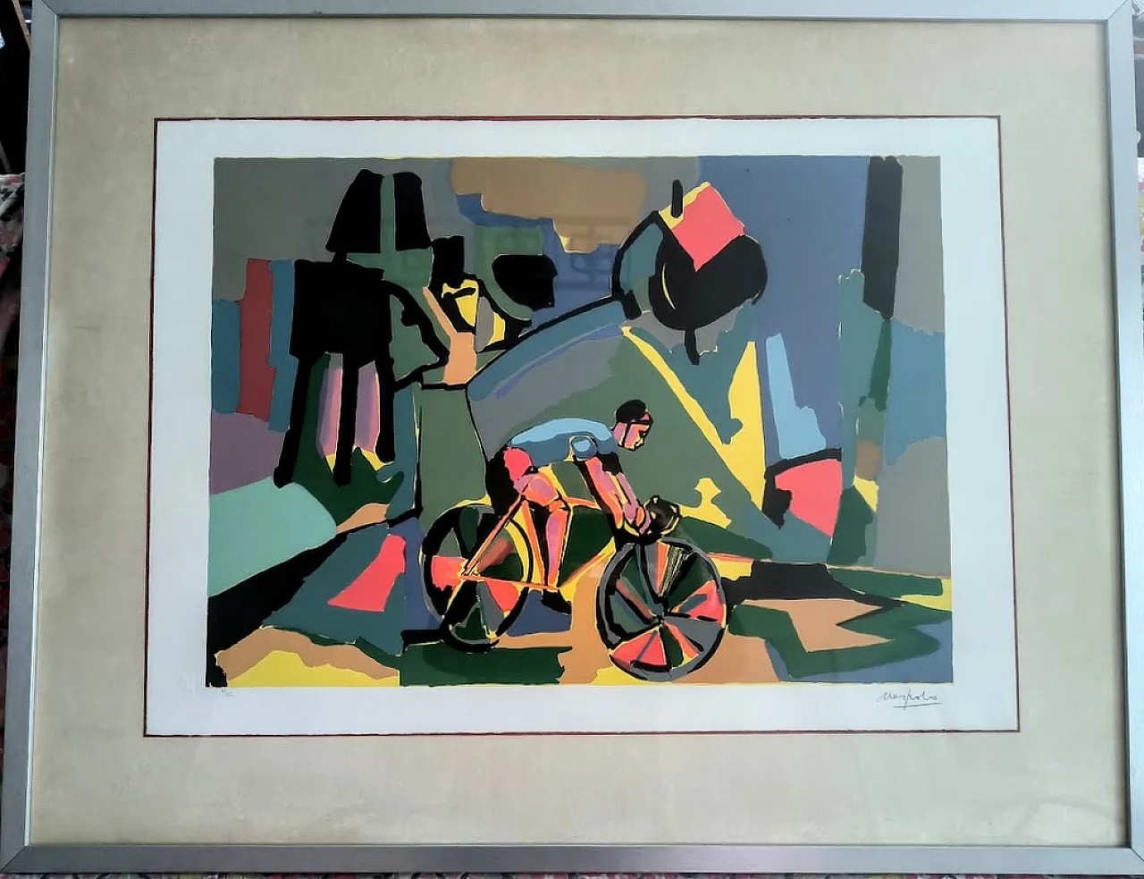 Ugo Nespolo, The Cyclist, Pop Art lithograph, 1990s 1