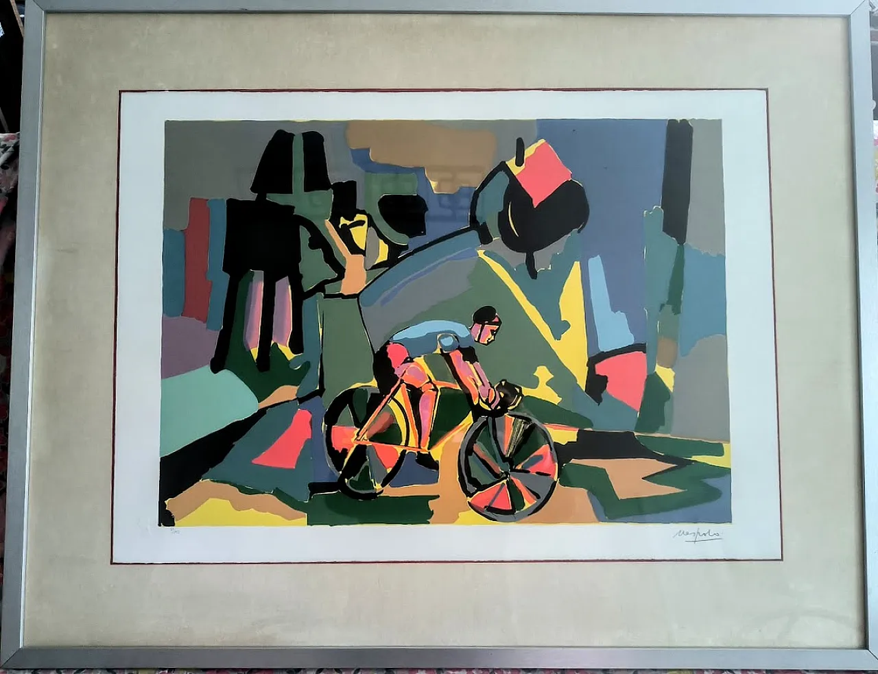 Ugo Nespolo, The Cyclist, Pop Art lithograph, 1990s 2