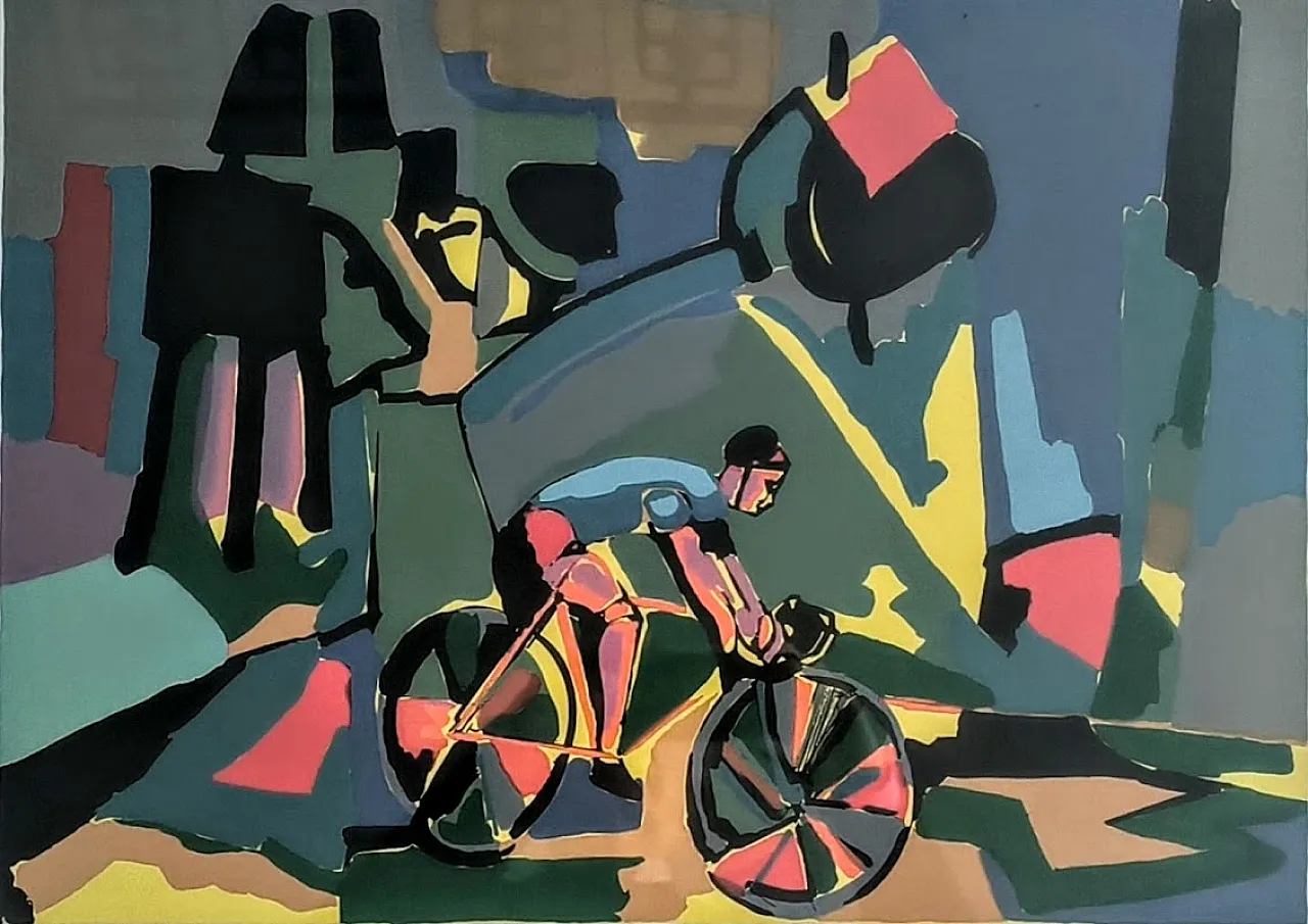 Ugo Nespolo, The Cyclist, Pop Art lithograph, 1990s 10