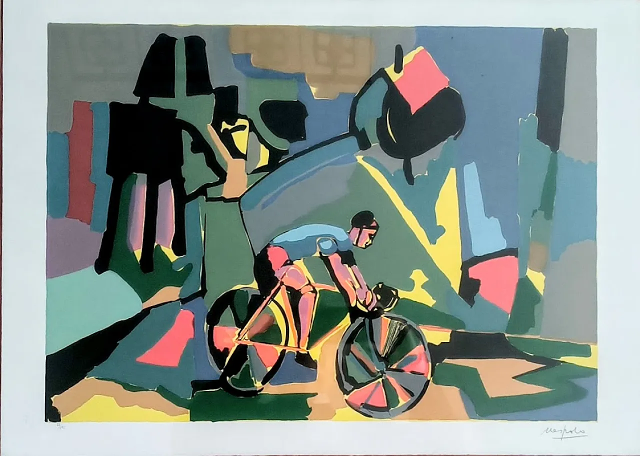 Ugo Nespolo, The Cyclist, Pop Art lithograph, 1990s 12