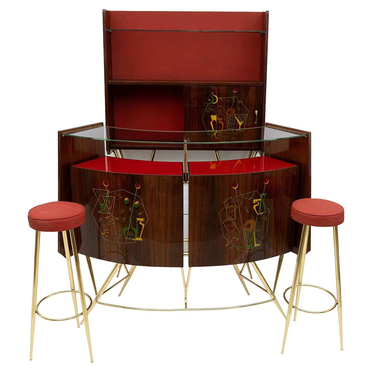 Brass and walnut bar cabinet with 2 stools, 1950s 1