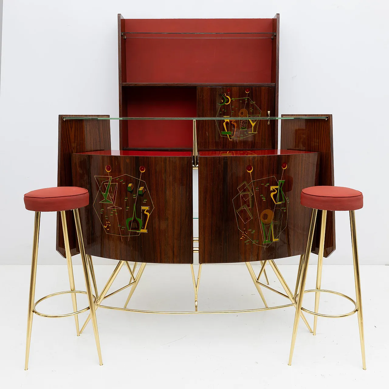 Brass and walnut bar cabinet with 2 stools, 1950s 2