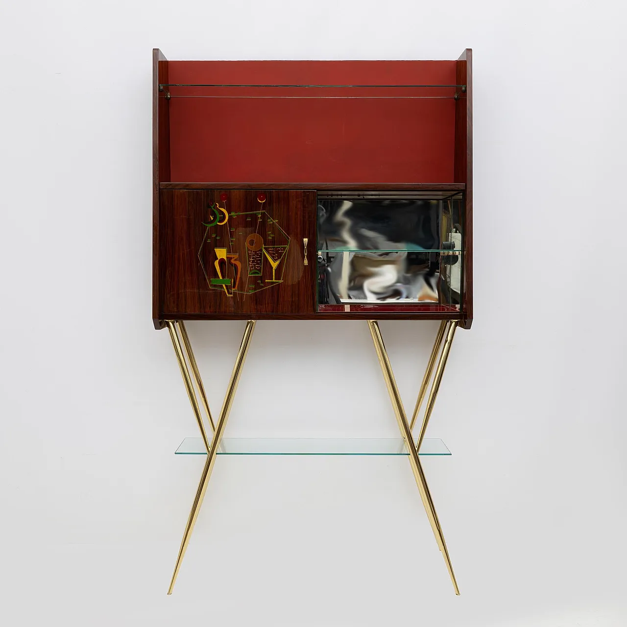 Brass and walnut bar cabinet with 2 stools, 1950s 3