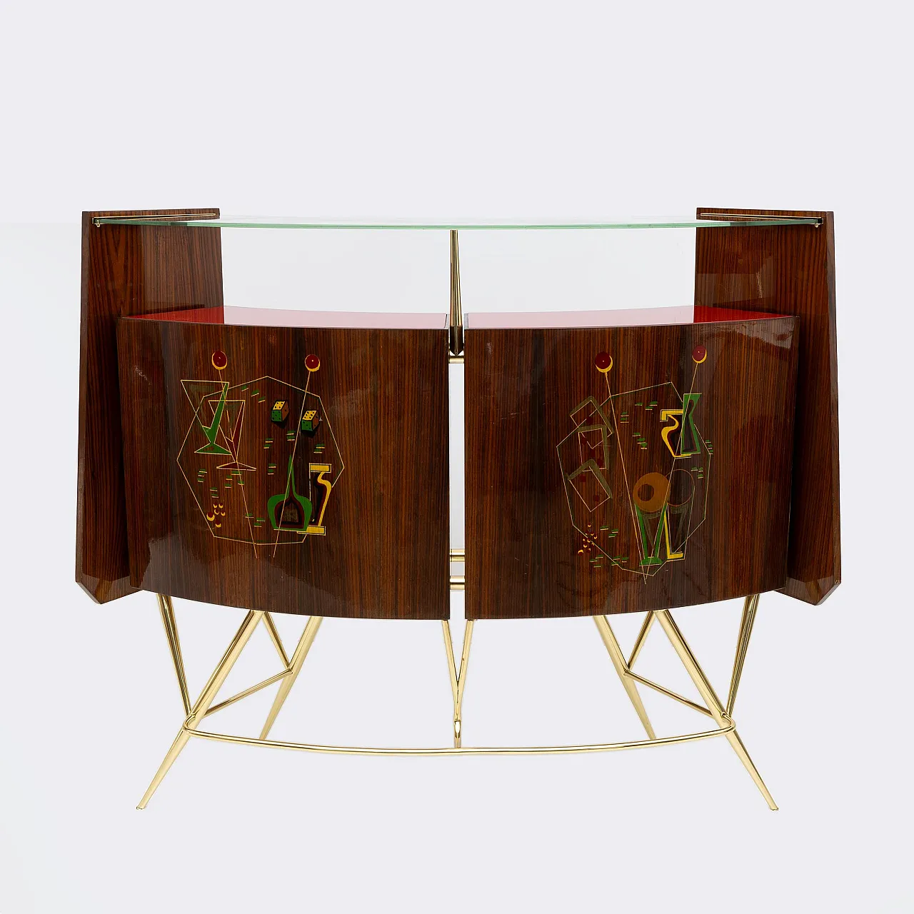 Brass and walnut bar cabinet with 2 stools, 1950s 4