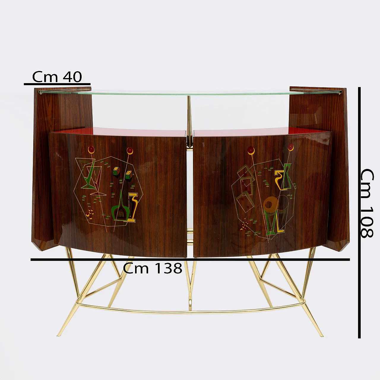 Mobile bar in ottone e noce con 2 sgabelli, anni '50 6