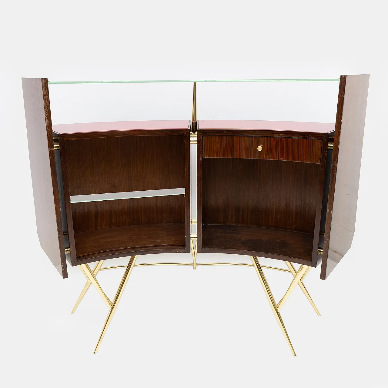 Brass and walnut bar cabinet with 2 stools, 1950s 9