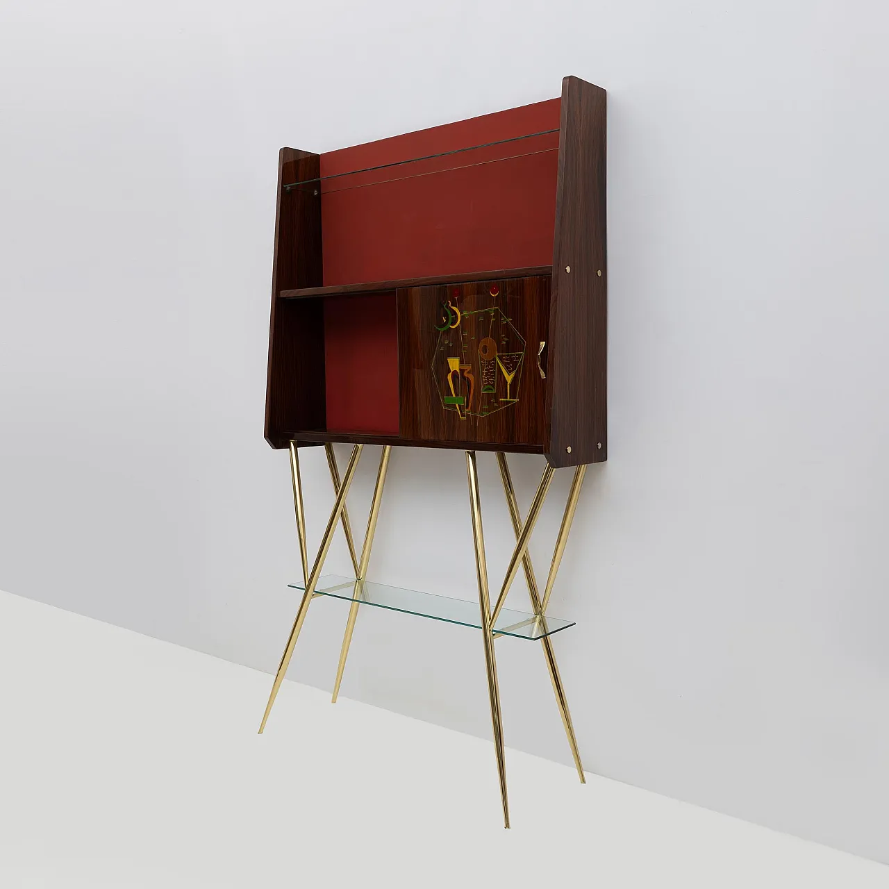 Brass and walnut bar cabinet with 2 stools, 1950s 11