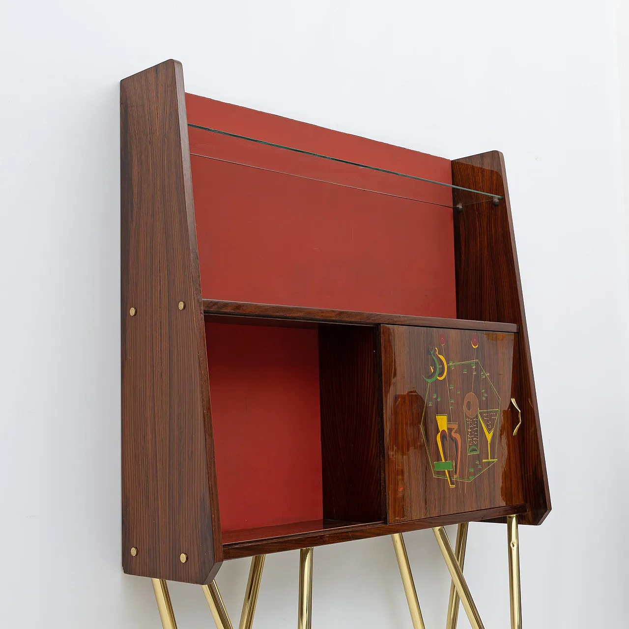 Brass and walnut bar cabinet with 2 stools, 1950s 12