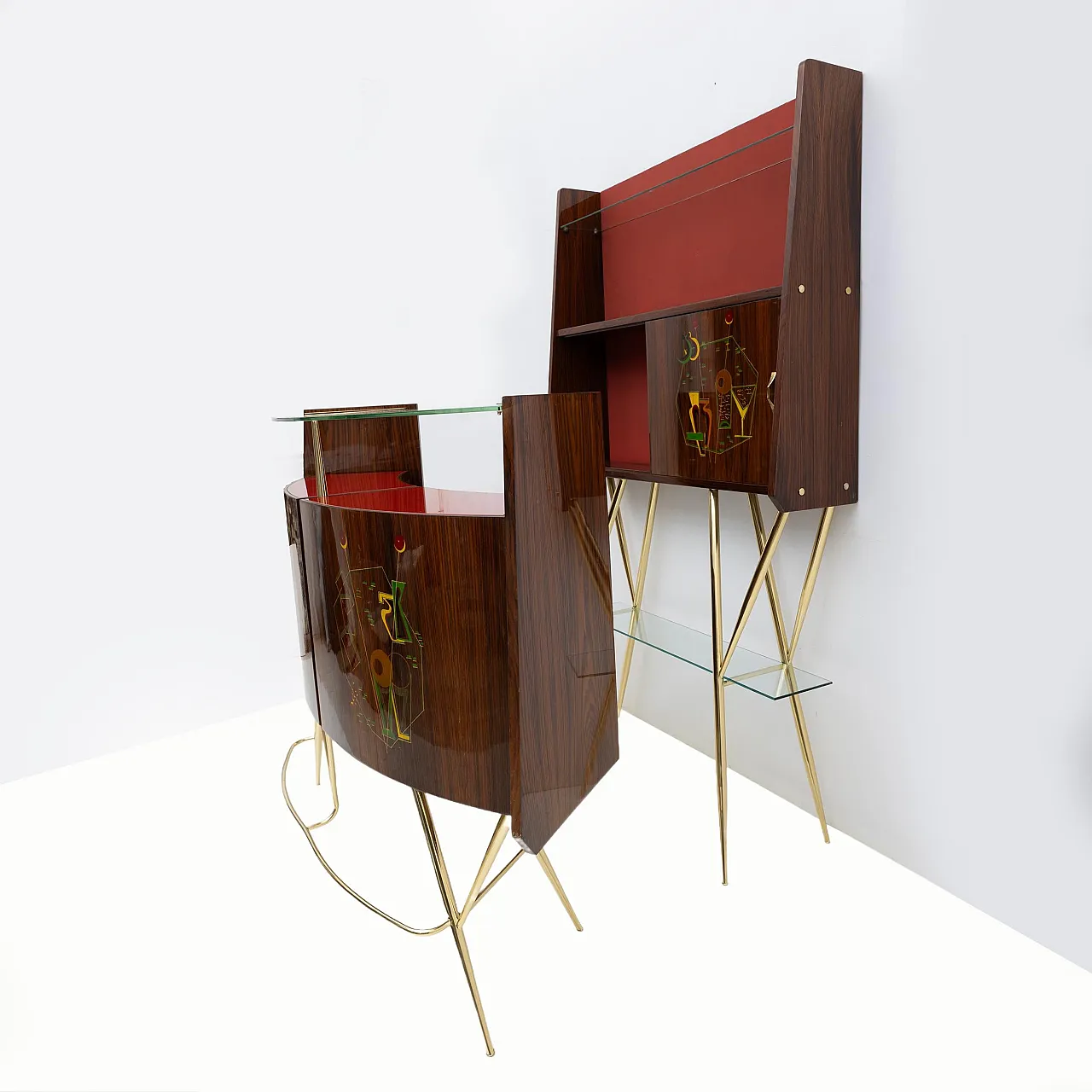 Brass and walnut bar cabinet with 2 stools, 1950s 13