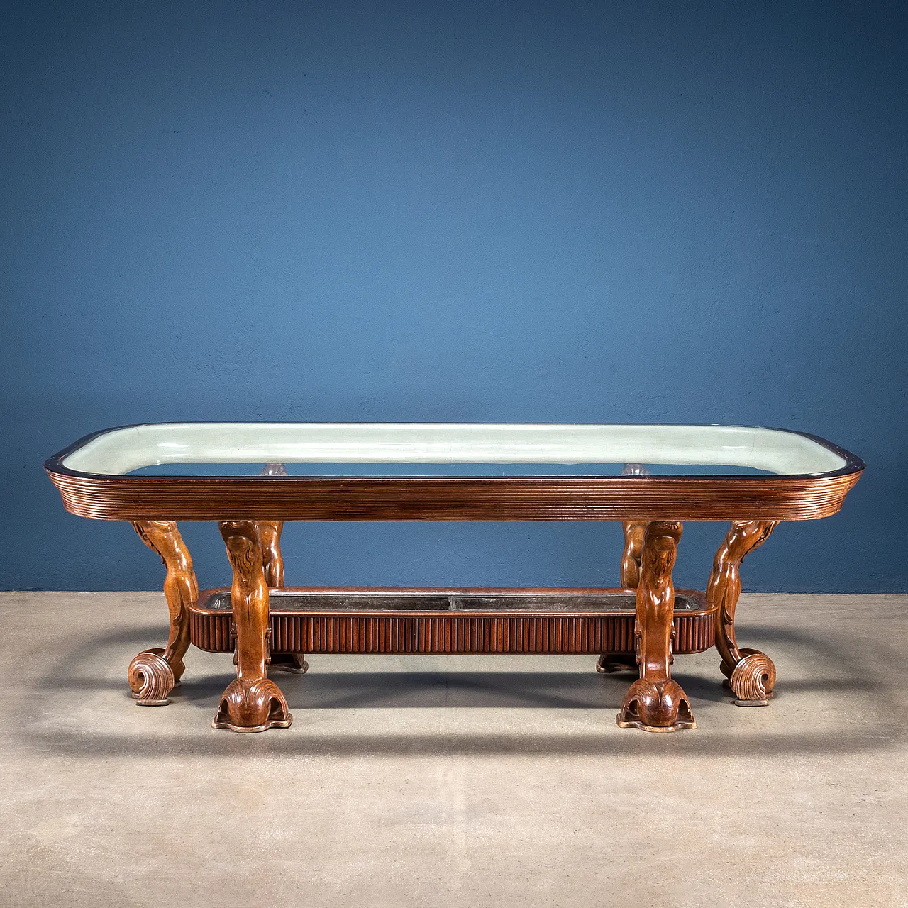 Walnut table with crystal top by Osvaldo Borsani for Arredamenti Borsani Varedo, 1940s 1