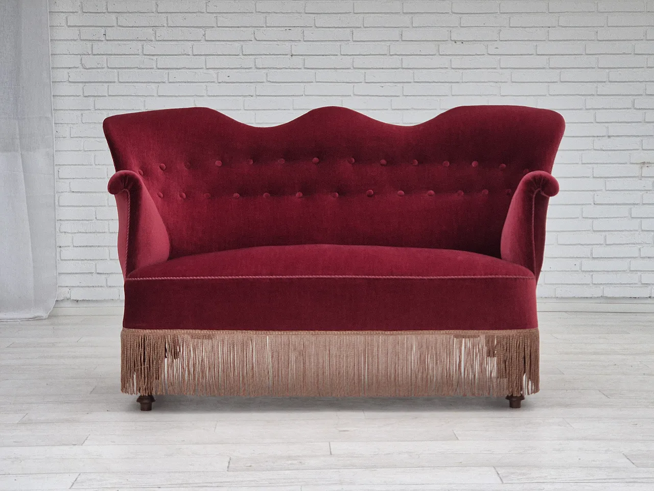 Danish 2-seater sofa, cherry-red furniture velour, ash wood, 50s 1