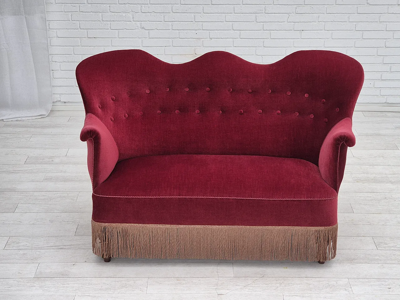 Danish 2-seater sofa, cherry-red furniture velour, ash wood, 50s 2